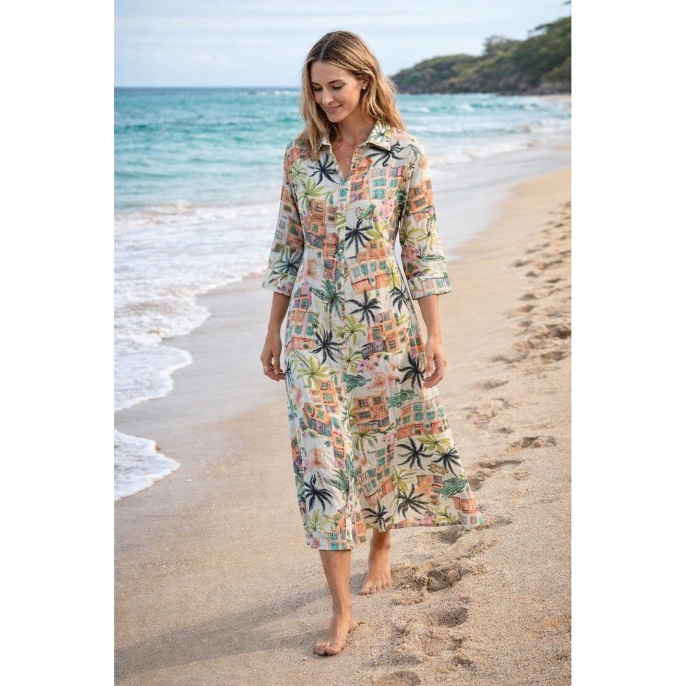 Spigue Di Lino Italian Linen‑Blend Dress Made in Italy Tropical Print XL NWT